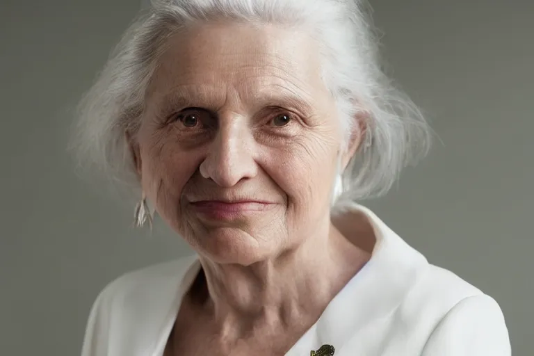 Image similar to a realistic studio cinematic headshot portrait of a beautiful old woman, wearing futuristic white suit, ceo, 4 k, ultra realistic, dramatic lighting, vogue, fashion, by annie leibovitz