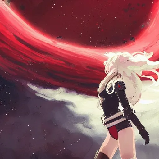 Prompt: highly detailed portrait of a hopeful young astronaut lady with a wavy blonde hair, by Dustin Nguyen, Akihiko Yoshida, Greg Tocchini, Greg Rutkowski, Cliff Chiang, 4k resolution, nier:automata inspired, bravely default inspired, vibrant but dreary but upflifting red, black and white color scheme!!! ((black hole nebula thunderstorm background)), ((octane render))