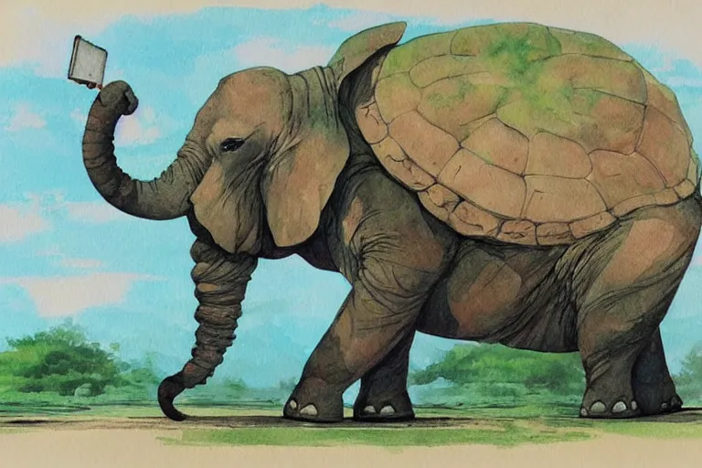 Image similar to giant elephant turtle, painting, watercolor, concept art, studio ghibli, by hayao miyazaki