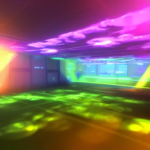 Prompt: holy metaverse party in virtual venue hall, vibrant clouds, volumetric light, green and yellow colors, digital art, artstation