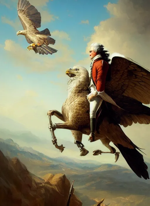 Prompt: portrait george washington soaring on shouders of a bald eagle by greg rutkowski, fantasy