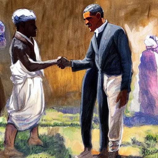 Image similar to painting of president obama meeting solomon northup and shaking hands, sunny day, 4 k