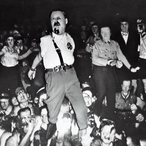 Image similar to adolf hitler going crazy during a rave, super realistic, hitler is dancing, highly detailed.