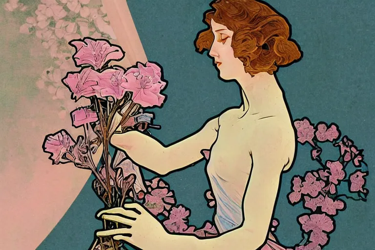 Image similar to a pretty girl with a robotic arm holding a flower, graphic novel, miniature faking, alphonse mucha, baby pink color, ceramic, dof