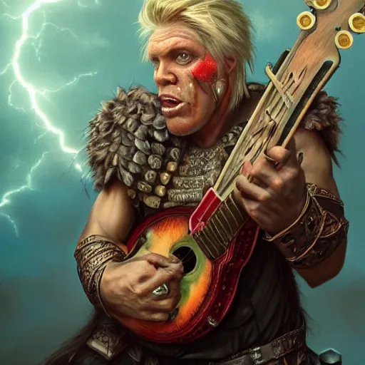 Image similar to detailed photo of a orc bard portrayed by gigachad Gary Busey playing a lute, 8k,by Tristan Eaton, Stanley Artgermm, Tom Bagshaw, Greg Rutkowski, Carne Griffiths, trending on DeviantArt, face enhance, hyper detailed ,full of color, dramatic lightning, epic stance
