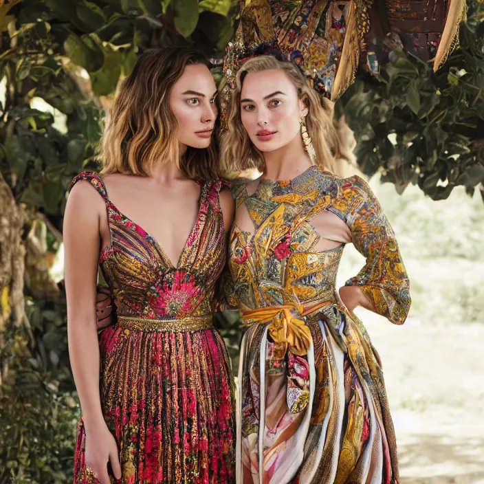 Image similar to portrait of margot robbie and gal gadot wearing southeast asian traditional dress, by charlotte grimm, natural light, detailed face, canon eos c 3 0 0, ƒ 1. 8, 3 5 mm, 8 k, medium - format print