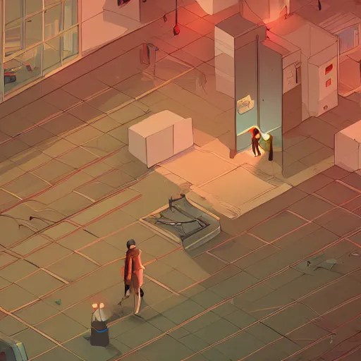 Prompt: an aerial view of a person walking through a room, concept art by James Gilleard, trending on Artstation, serial art, 2d game art, isometric, volumetric lighting