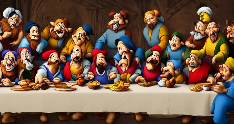 Prompt: seven dwarfs in the style of the last supper