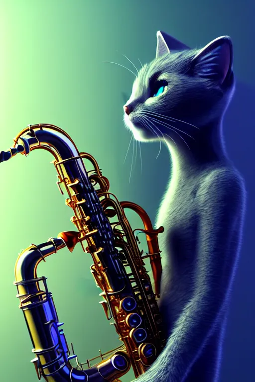 Image similar to high quality 3 d render very cute cyborg cat plays saxophone, cyberpunk highly detailed, unreal engine cinematic smooth, in the style of blade runner & pixar, hannah yata charlie immer, moody light, low angle, uhd 8 k, sharp focus