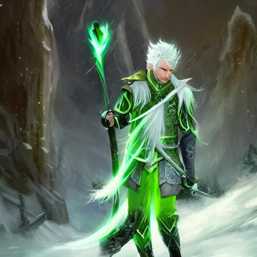 Image similar to High Fantasy dramatic portrait painting of a white haired male elf walking through the snow with a glowing green sword in his hand, leg high, face showing, full body, fantasy clothing, cgsociety, trending on artstation, dnd