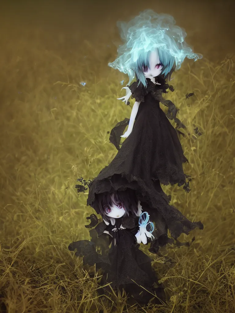 Prompt: cute fumo plush of a gothic maiden girl who is composed of shadows, penumbral shadowcreature, wisps of volumetric vortices of glowing smoke surrounding, long dark tattered umbra, long thick grass, bokeh macro lens, vray