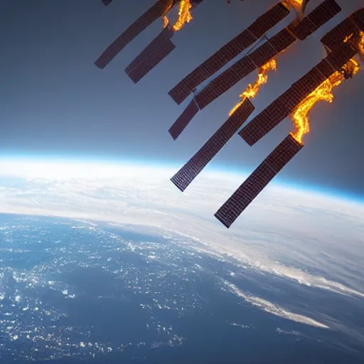 Image similar to photograph from the international space station window as planet earth splits in half following a large asteroid impact, fire explosions