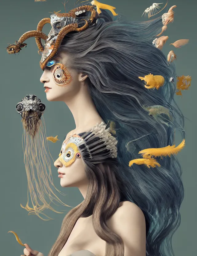 Image similar to 3 d goddess half - turn portrait with long hair with ram skull. beautiful intricately detailed japanese crow kitsune mask and clasical japanese kimono. betta fish, jellyfish phoenix, bio luminescent, plasma, ice, water, wind, creature, artwork by tooth wu and wlop and beeple and greg rutkowski