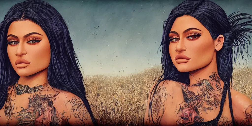 Image similar to hyper realistic kylie jenner on a tomorrow land stage in the style of a slipknot album cover, minimal art style, highly detailed, intricate, digital painting, artstation, 3 5 mm film grain