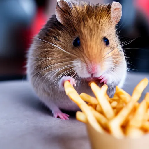 Prompt: detailed photo of a hamster eating fries, fancy restaurant, various poses, full body, unedited, soft light, dof 8 k