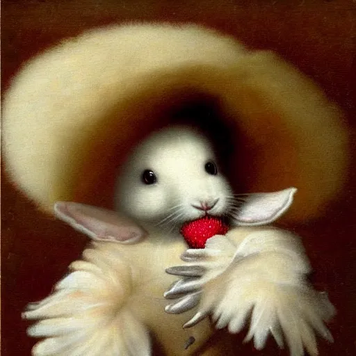 Image similar to a baroque painting of a fluffy white rabbit wearing a hat wasting a strawberry