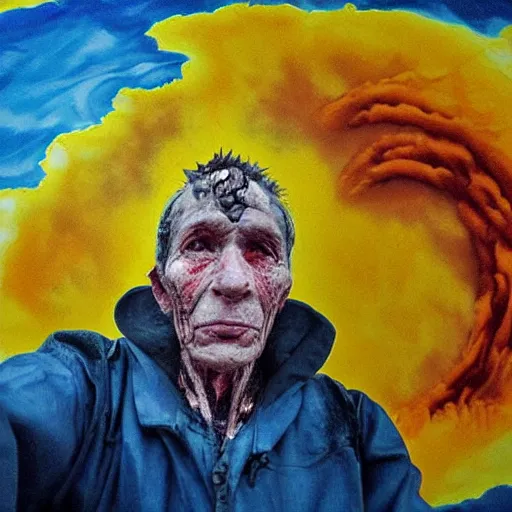 Prompt: selfie of the last surviving ukrainian, burning alive to the bone, wild pain and damage to the body, painted in dirty yellow - blue colors, against the backdrop of a huge nuclear explosion