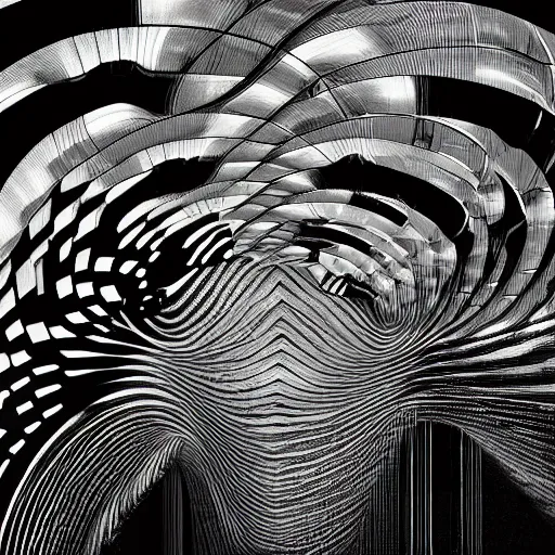 Image similar to defragmentation ( becoming whole with the glitch inside ), in the style of hiroya oku and ikeda and stanley kubrick, black and white, photorealistic, epic, super technical, 3 d render
