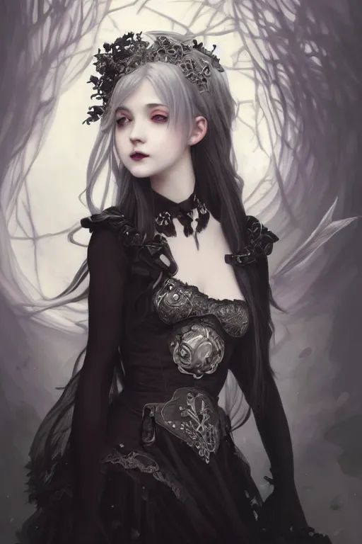 Image similar to portrait of radical lolita girl, dreamy and ethereal and dark, dark eyes, silver hair, smiling expression, ornate goth dress, dark fantasy, chaotic, elegant, black crows flying, highly detailed, digital painting, artstation, concept art, smooth, sharp focus, illustration, art by artgerm and greg rutkowski and alphonse mucha