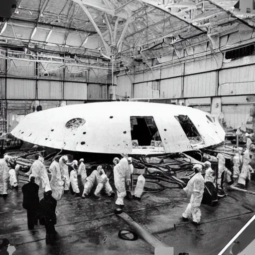 Image similar to dismantled, crashed, ufo spaceship in hanger with people in hazmat suits standing around, grainy, vintage photo, sepia, old photo, realistic, detailed,