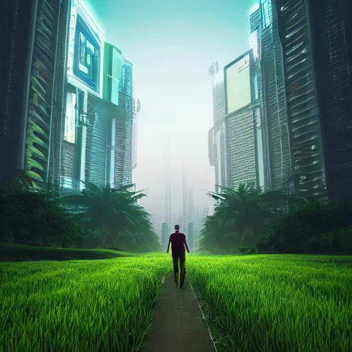 Image similar to a man walking across a lush green field, cyberpunk art by beeple, cgsociety, retrofuturism, synthwave, retrowave, outrun