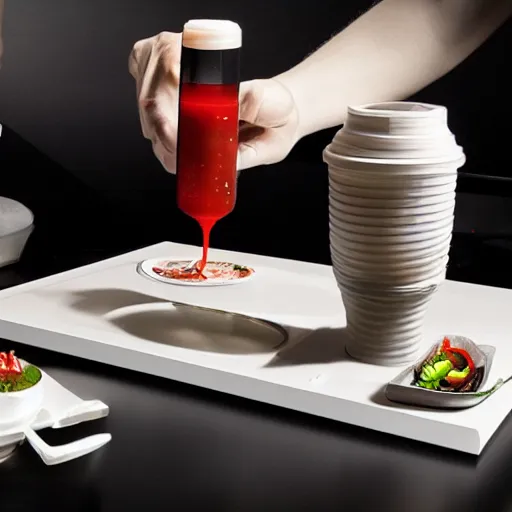 Image similar to machine that 3d prints fancy meals at restaurant table