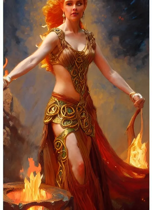 Prompt: young celtic woman, goddess of fire, flowing gown, smug expression, highly detailed painting by gaston bussiere, craig mullins, j. c. leyendecker 8 k full length