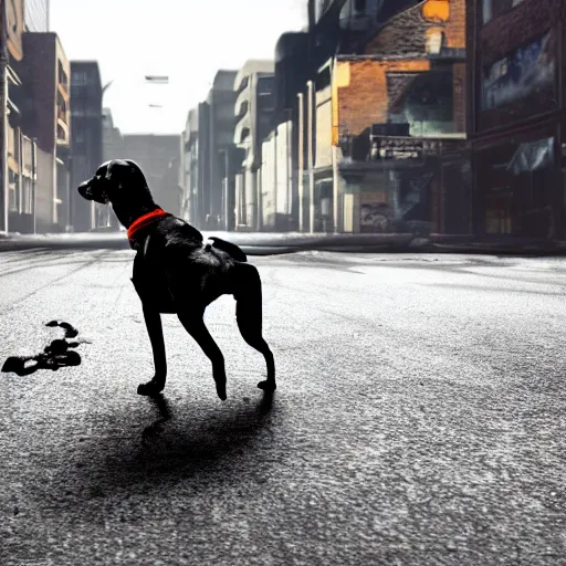 Prompt: an injures dog limping across an abandoned city, digital image, 4 k, hd, photorealistic, dynamic lighting