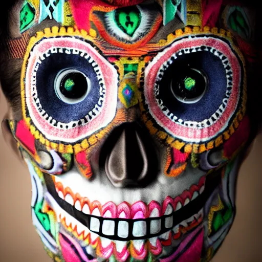 Image similar to new born baby, self - portrait, symmetry, intricate, dia de los muertos, skull mask, aztec ultra detailed feathered dress, 8 k resolution,