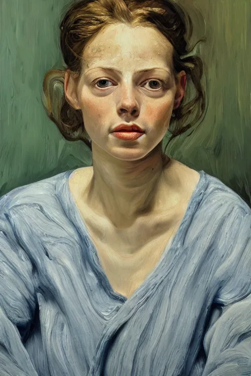 Prompt: high quality high detail oil painting portrait of a young woman by lucian freud, painterly thick brushstrokes, hd, photorealistic lighting