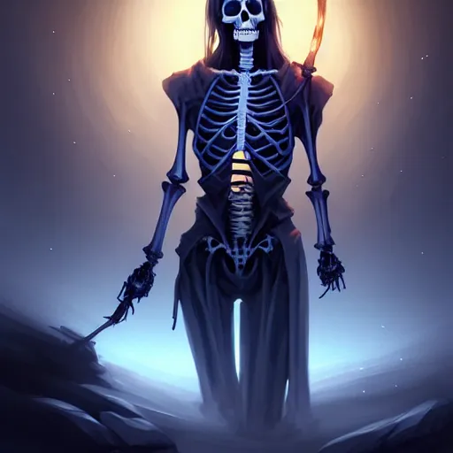 Image similar to beautiful digital portrait painting of a skeleton wandering through a never - ending dungeon with a torch, by charlie bowater, ross tran, artgerm, and makoto shinkai, detailed, inked, western comic book art