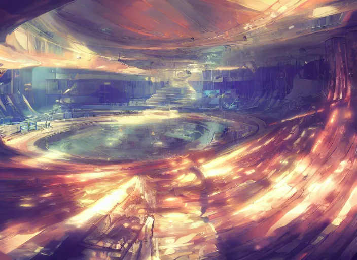 Image similar to anime background clean neat clarity professional visual development set design, large hall, dim painterly lighting volumetric aquatics, impasto, trending on pixiv