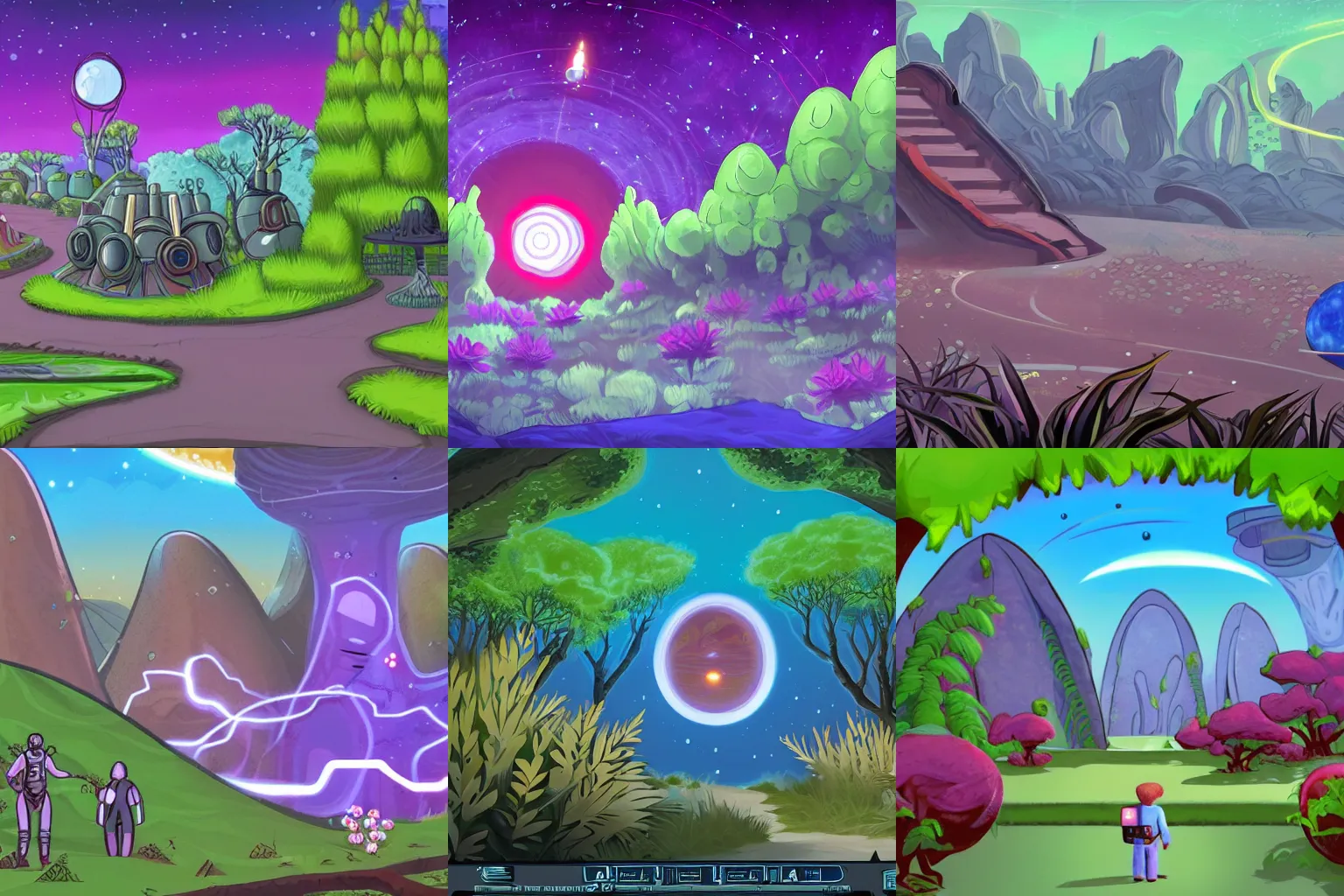 Prompt: in a park in a small town on an alien planet, with strange alien plants and flowers, from a space themed Serria point and click 2D graphic adventure game, made in 2019, high quality graphics