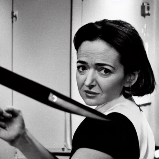 Prompt: Movie still of Sheryl Sandberg holding a knife in The Doomsday Machine, directed by Steven Spielberg, establishing action shot