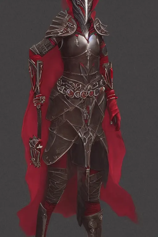 Image similar to female adventurer in tight full - body ebony leather armor of dunmer design with dark red cloth underneath and with a red porcelain crow mask, trending in artstation, establishing shot