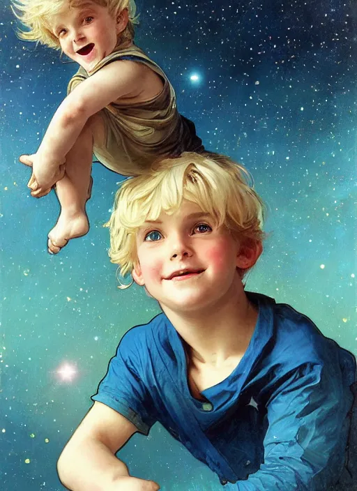 Prompt: a cute little boy with a narrow mischievous face, blue eyes, and tousled blonde hair smiles as he floats in space with stars all around him. he is wearing a turquoise outfit. beautiful painting by artgerm and greg rutkowski and alphonse mucha