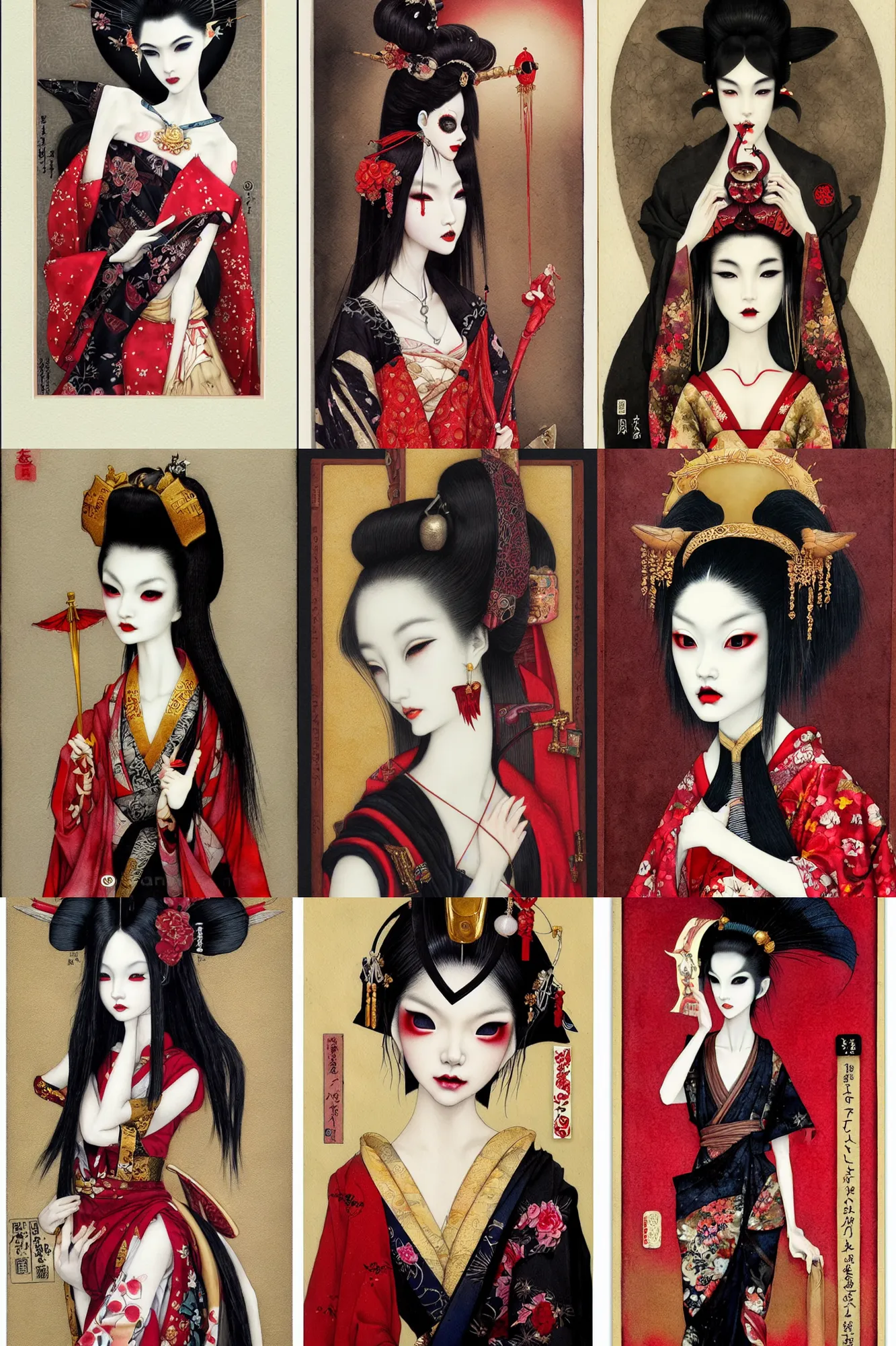 Prompt: watercolor painting of a japanese bjd geisha vampire with a long neck by tom bagshaw, ayami kojima, mark ryden in the style of thoth tarot card, dark - fantasy, red, gold black