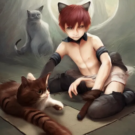 Image similar to boy with cat ears and cat tail resting on the floor, fantasy artwork, award winning, very very very very very very very very beautiful, trending on artstation.
