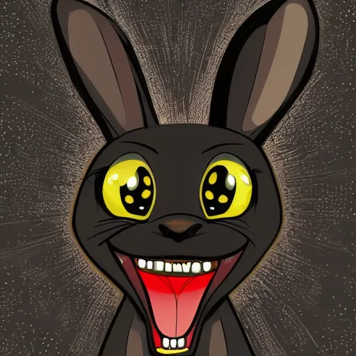 Image similar to A extremely highly detailed majestic hi-res beautiful, highly detailed head and shoulders portrait of a scary terrifying, horrifying, creepy black cartoon rabbit with scary big eyes, earing a shirt laughing maniacally , let's be friends, in the style of Walt Disney