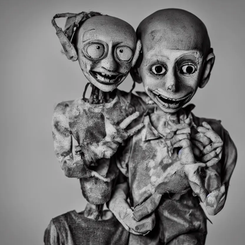 Image similar to creepy ventriloquist dummy in the style of roger ballen, 4 k, bw, portrait