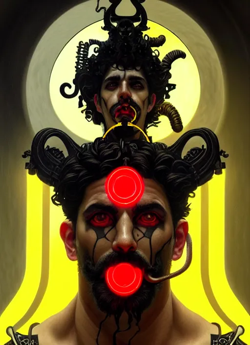 Prompt: portrait of greek god ares, black curly hair, glowing eyes, volumetric lights, face tattoo, yellow red scheme, art nouveau botanicals, gothic, intricate, highly detailed, digital painting, artstation, concept art, smooth, sharp focus, symmetric face, illustration, steampunk, art by artgerm and greg rutkowski and alphonse mucha