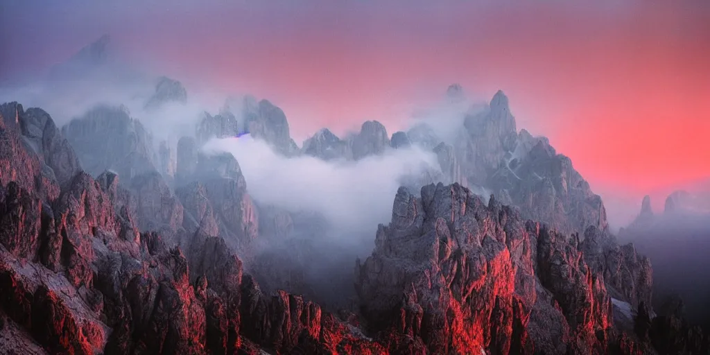 Prompt: 1 9 2 0 s color spirit photography 0 9 9 1 2 1 of alpine sunrise in the dolomites, red lit mountains, fog, by william hope, beautiful, dreamy, grainy