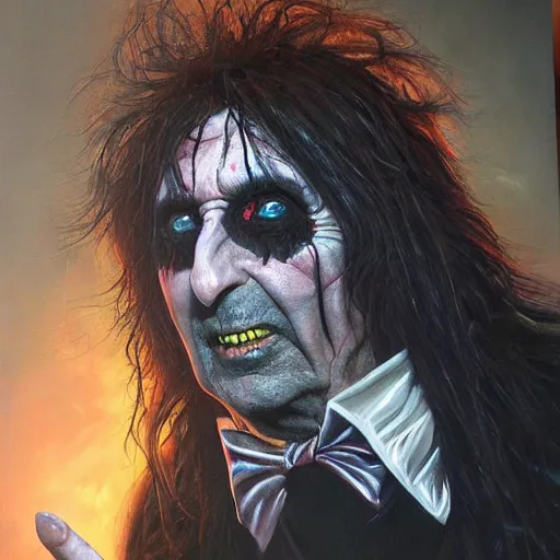 Prompt: a hyperrealistic painting of Alice Cooper as an Elden Ring boss by Zhuoxin Ye,