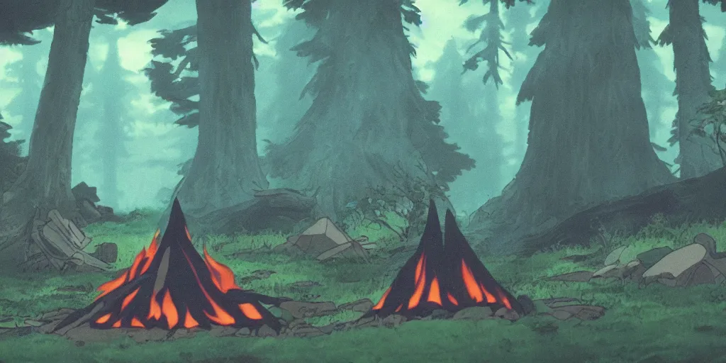 Image similar to award - winning movie still, landscape, dark forest, campfire, by studio ghibli,