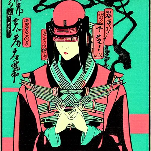 Image similar to japanese cyberpunk silk screen by utagawa yoshiiku, ohara koson, pixiv contest winner, cyberpunk style, cyberpunk color scheme, japanpunk, ( ( neon ) )