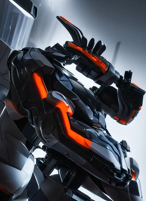 Image similar to a Photorealistic dramatic hyperrealistic full frame render of a Sleek futuristic exosuit Freedom Formula Racing Mech,Ultra realistic details,glossy white metal,Orange racing stripes,weathered surfaces,by Hidetaka Tenjin,Yoh Yoshinori,Yoji Shinkawa,Masamune Shirow,Beautiful dramatic dark moody tones and lighting,cinematic atmosphere,studio lighting,shadows,dark background, Octane render,8K