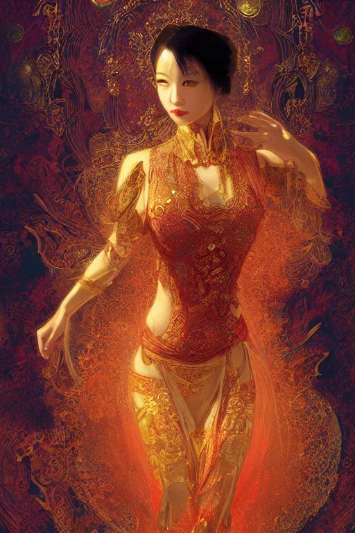 Image similar to tarot card artstation, portrait of an asian love dancer, sunrise, baroque ornamnet and rococo ornament, ancient chinese ornate, hyperdetailed, beautiful lighting, craig mullins, mucha, klimt, yoshitaka amano, red and gold and orange color palatte