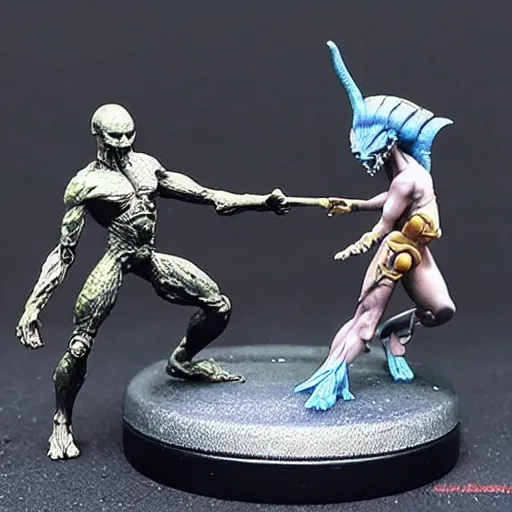 Prompt: 80mm resin detailed miniature of a Alien fighting a Female warrior, Product Introduction Photos