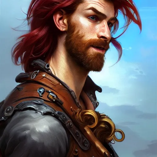 Image similar to portrait of a young ruggedly handsome but joyful pirate, male, masculine, upper body, red hair, long hair, d & d, fantasy, fierce, sharp features, intricate, elegant, highly detailed, digital painting, artstation, concept art, matte, sharp focus, illustration, art by artgerm and greg rutkowski and alphonse mucha