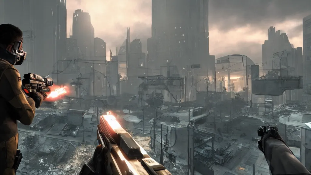 Image similar to half life 3 ( 2 0 2 6 ), valve software, source engine 2, first person shooter arm holding gun screenshot, crosshair, in - game hud, atmospheric cityscape, next gen graphics, photorealistic visuals, pc / xbox series x hdr gameplay 4 k